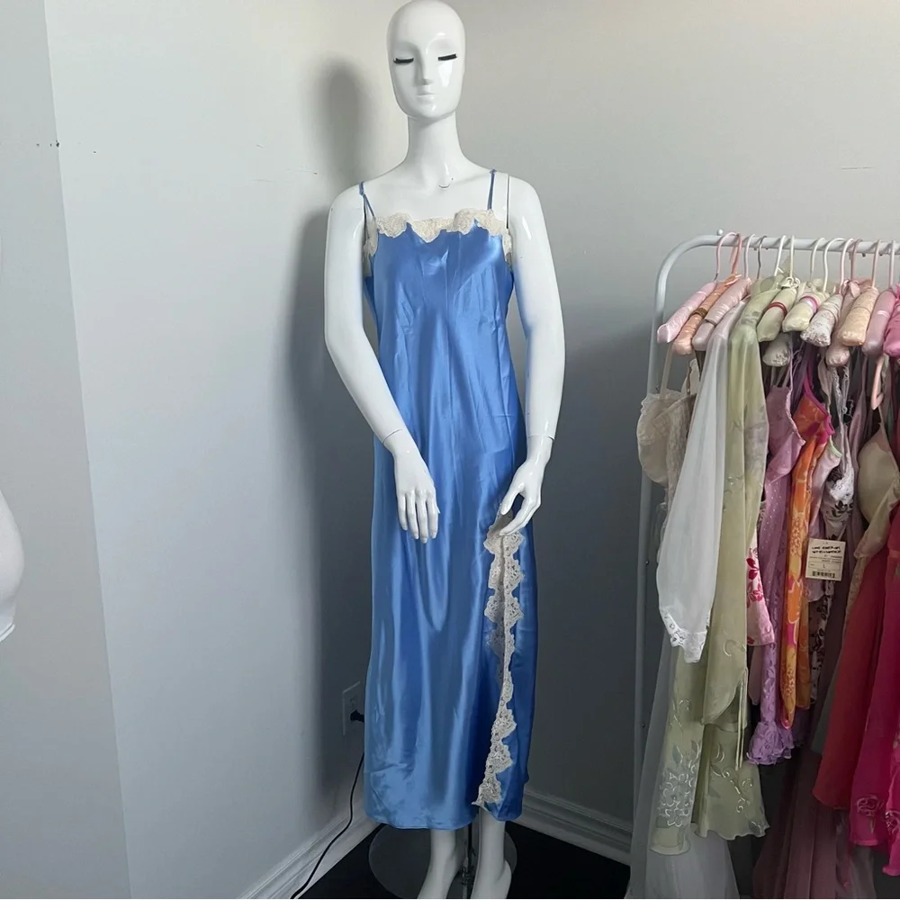 NWT Vintage Blue Satin Lace Trim Slip Dress 90s Lingerie Style Maxi Deadstock L - Picture 2 of 8